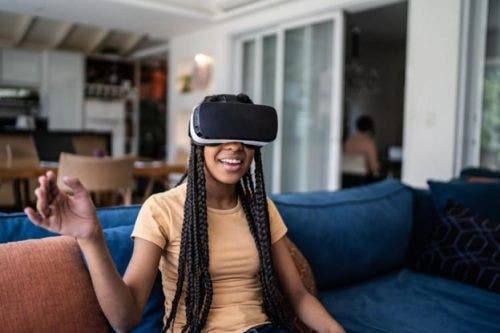 A person wearing a virtual reality headset.